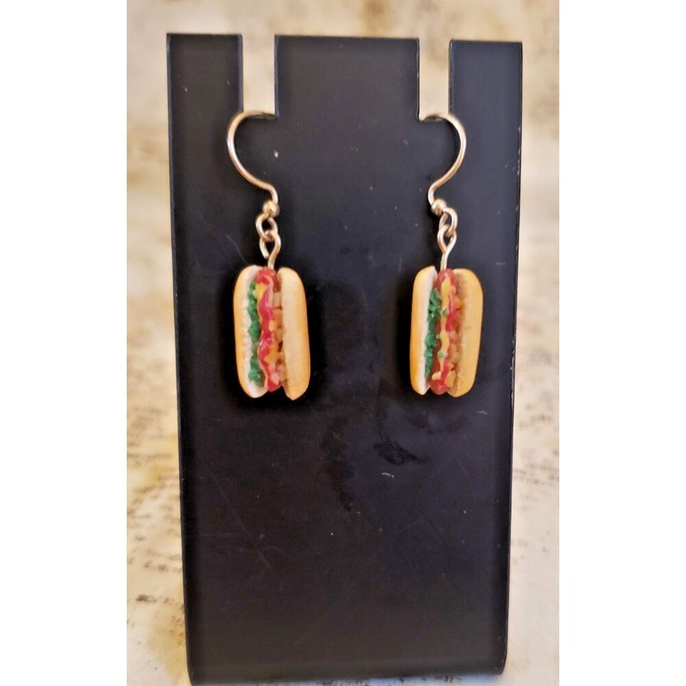 Y2K, Quirky, Whimsical, Dangling Chicago Style Hot Dog Earrings - Multicolor